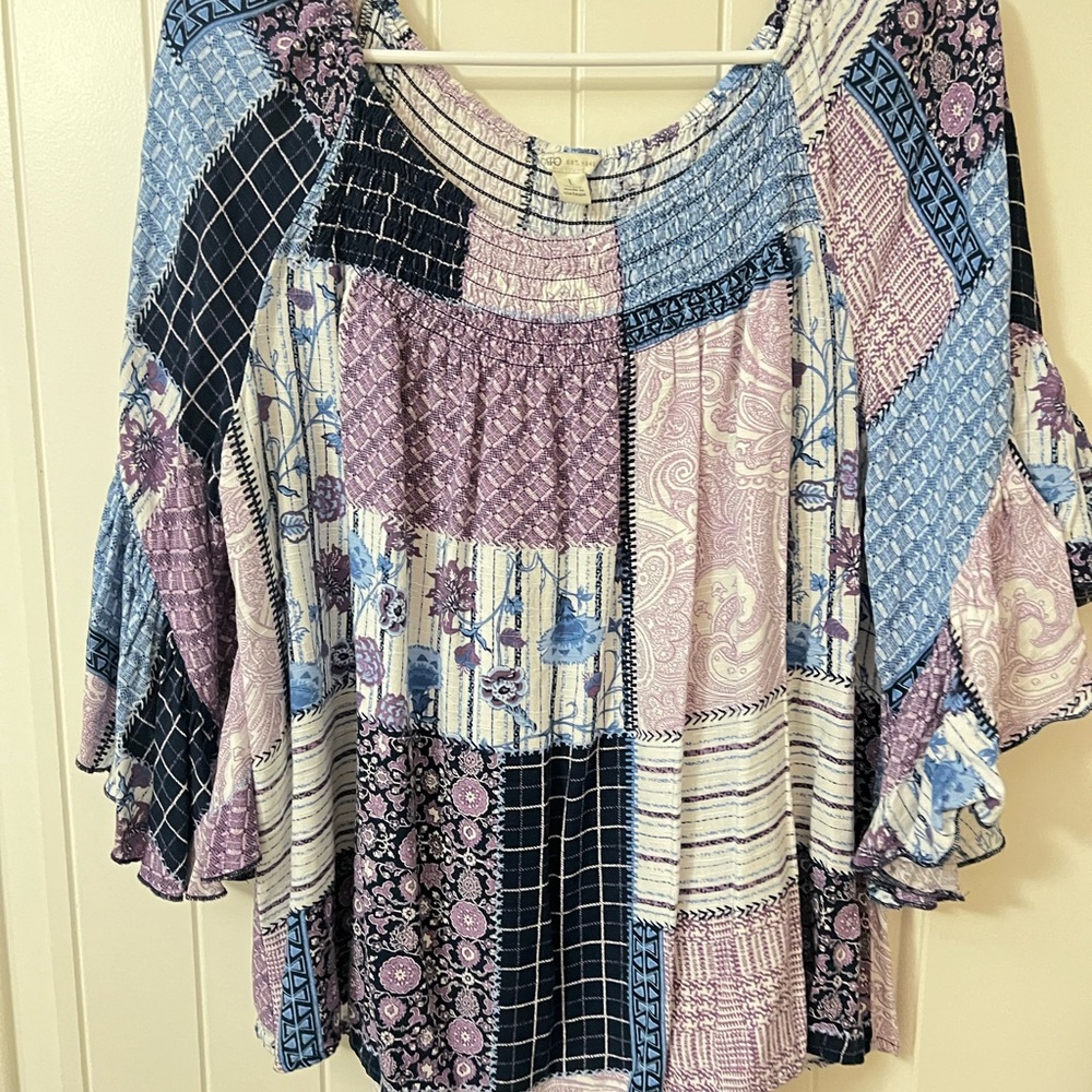Cato Blue and Pink Relaxed Graphic Blouse